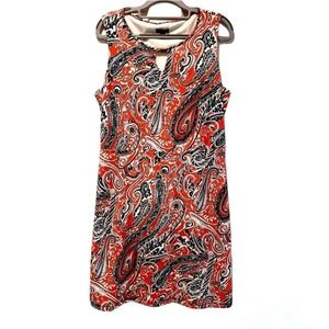 Ann Taylor Petite 12P Red Paisley Sleeveless Sheath Dress Gold Keyhole‎ Neckline